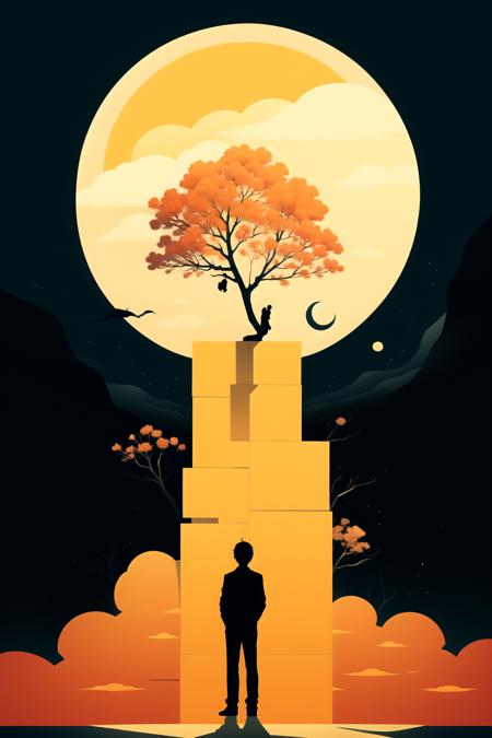 31594-1758151288-_lora_平面插画_0.9_,ch,silhouette,tree,solo,moon,orange theme,outdoors,sun,orange background,orange sky,scenery,standing,1boy,1other.png